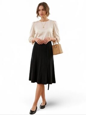 Black Wool Blend Knit Midi Skirt | A-Line Pleated | Transitional Layering